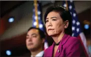  ?? Al Drago/getty Images North America/tns ?? Rep. Judy Chu (D-CA) listens beside Rep. Joaquin Castro (D-TX) during a news conference with Democratic lawmakers on Capitol Hill, on July 25, 2018 in Washington, D.C.