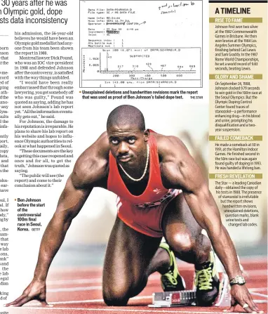  ??  ?? Ben Johnson before the start of the controvers­ial 100m final race in Seoul, Korea. GETTY Unexplaine­d deletions and handwritte­n revisions mark the report that was used as proof of Ben Johnson’s failed dope test. THE STAR