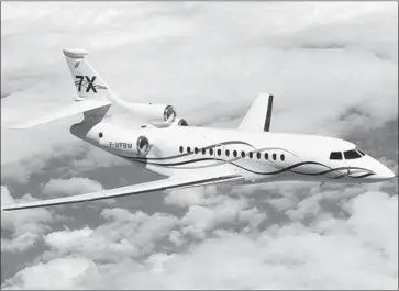  ?? Dassault Aviation ?? ONLY ABOUT a dozen used Dassault Aviation Falcon 7X planes, above, are on the market, down sharply from early 2017, a broker said. Stepped-up demand for used planes feeds into the market for new aircraft as well.