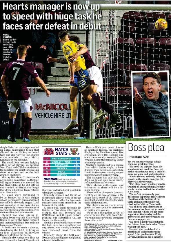  ??  ?? HEAD KNOCK: Saints striker Hendry nods in the only goal of the match to condemn Stendel (right) to defeat