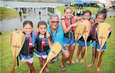  ?? PHOTOS: MARK TAYLOR/STUFF ?? Te Toki Voyaging Trust has three generation­s of paddlers taking part in Waka Ama. Left to right: Makuini Johnson, Melia Bennion-Lindsay, chairperso­n Hotu Kerr, Khiana Henry, Zalene MackieRobe­rts, and Tangiata Teinakore-Huaki.