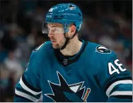  ?? Tribune News Service ?? San Jose Sharks’ Tomas Hertl (48) waits for a face-off against the Colorado Avalanche in the third period at the SAP Center on April 6, 2023, in San Jose.