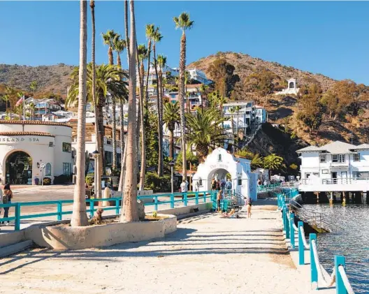  ?? BENJAMIN MYERS PHOTOS ?? People enjoy a stroll along the shoreline at Avalon Bay, where shops, bars, hotels and restaurant­s are clustered for easy access. Since very few cars are allowed on Catalina Island, walking, biking or rented golf carts are the primary modes of transporta­tion.