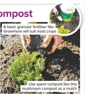  ??  ?? A basic granular fertiliser like Growmore will suit most crops
Use spent compost like this mushroom compost as a mulch