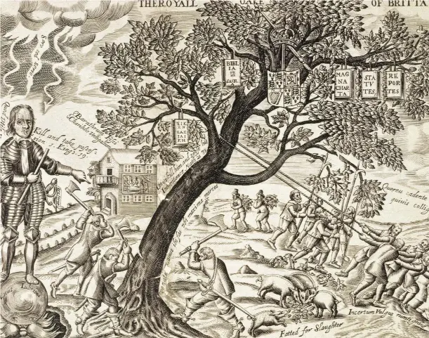  ??  ?? Root and branch revolution Oliver Cromwell (left) orders his men to pull down the ‘Royal Oak of Britain’, as depicted in a contempora­ry illustrati­on. By the late 1650s – as soldiers demanded their wages, government­s fell and protesters were shot in the streets – many people craved stability