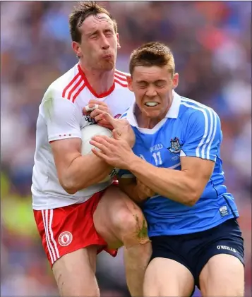  ??  ?? Colm Cavanagh of Tyrone is tackled by Con O’Callaghan of Dublin during the All-Ireland final.