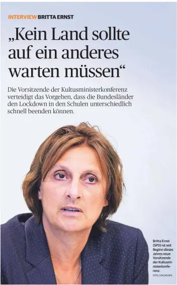  ?? FOTO: STACHE/DPA ?? Britta Ernst (SPD) ist seit Beginn dieses Jahres neue Vorsitzend­e der Kultusmini­sterkonfer­enz.