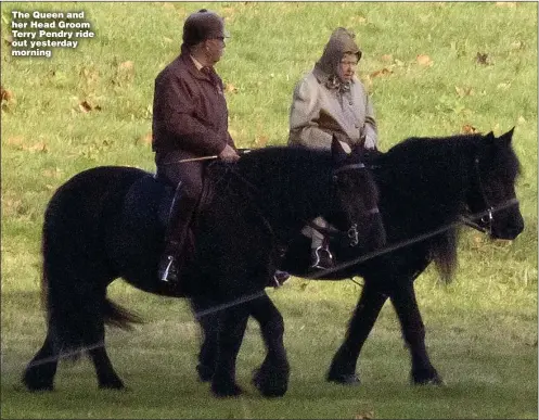  ?? Pictures: JIM BENNETT / KELVIN BRUCE; PA; GETTY ?? The Queen and her Head Groom Terry Pendry ride out yesterday morning