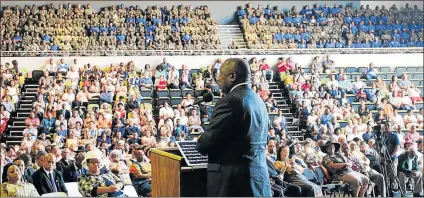  ?? Picture: SIYABULELA DUDA ?? RESPECT FOR SOLDIERS: President and SANDF Commander-in-Chief Cyril Ramaphosa speaks at an inter-faith church service, in Kimberley yesterday ahead of Armed Forces Day on Wednesday this week