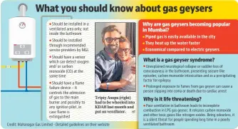  ?? HT ?? Tripty Asopa (right) had to be wheeled into KDAH last month and put on ventilator.
Why are gas geysers becoming popular in Mumbai?
What is a gas geyser syndrome?
Why is it life threatenin­g?