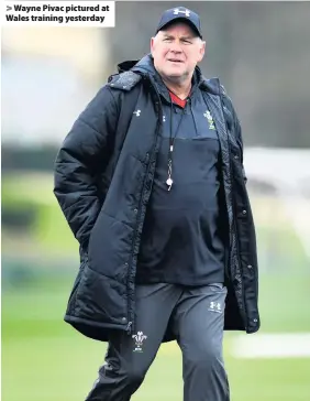  ??  ?? > Wayne Pivac pictured at Wales training yesterday