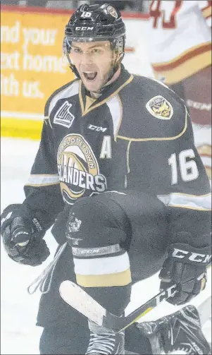  ?? JASON MALLOY/THE GUARDIAN ?? Keith Getson celebrates his first period power-play goal against the Acadie-Bathurst Titan Friday at the Eastlink Centre.