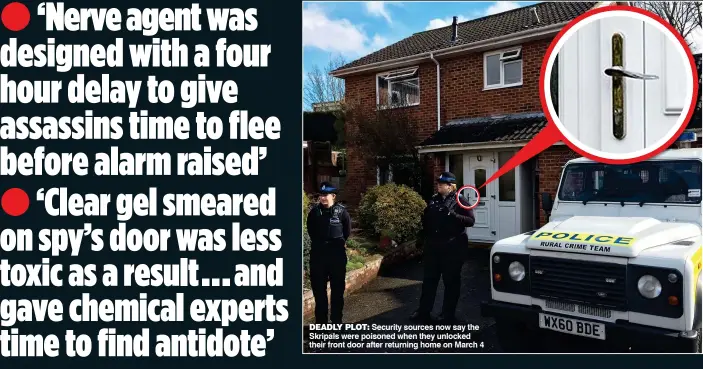 ??  ?? DEADLY PLOT: Security sources now say the Skripals were poisoned when they unlocked their front door after returning home on March 4