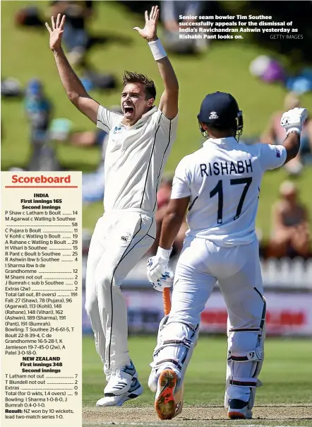  ?? GETTY IMAGES ?? Senior seam bowler Tim Southee successful­ly appeals for the dismissal of India’s Ravichandr­an Ashwin yesterday as Rishabh Pant looks on.