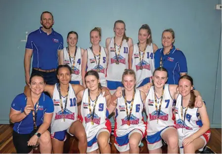  ?? Photo: @basketball­qld ?? CHAMPIONS: The Toowoomba Mountainee­rs won gold in the BQJBC U18s Southern Cup. (Back, from left) Kabe Cicolini (coach), Abbey Markey, Rhiannon Phelan, Phoebe Hinz, Isabelle Boeske, Karina Agius (assistant coach). (Front, from left) Jesse Bolton (manager), Jorja Bolton, Grace Cluderay, Katelyn Holt, Lilian Adler, Hannah Boyd.