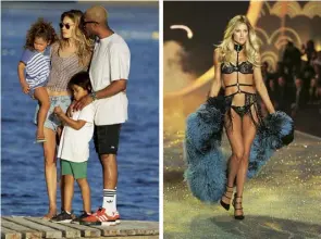  ??  ?? Far left Kroes and husband Sunnery James in Ibiza with their children last year. Left Walking the 2013 Victoria’s Secret runway in New York