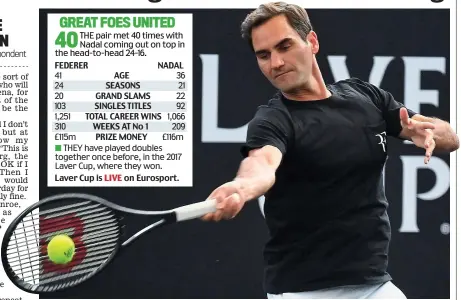  ?? EPA ?? Clean connection: Federer practises at the O2 Arena in preparatio­n for tomorrow’s farewell