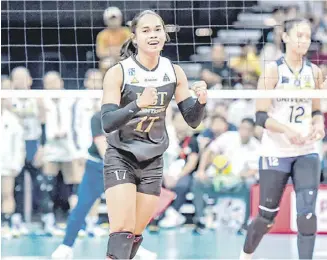  ?? PHOTOGRAPH COURTESY OF UAAP ?? ANGGE Poyos (left) remains a key factor in University of Santo Tomas’ first-round sweep of the UAAP Season 86 women’s volleyball tournament.