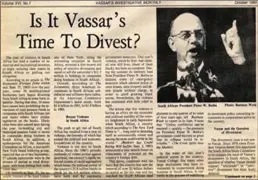  ??  ?? The rising tide of anti-apartheid sentiment in the US is reflected in this cutting from the Vassar College student newspaper.