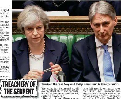  ??  ?? TREACHERY OF THE SERPENT Yesterday’s Mail Tension: Theresa May and Philip Hammond in the Commons
