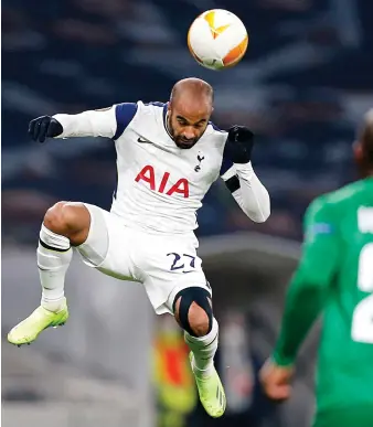  ?? AFP ?? Tottenham Hotspur’s midfielder Lucas Moura jumps to head the ball during a recent UEFA Europa League match.