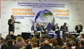  ??  ?? Dr. Ibrahim Abdelgelil presenting AFED report on Sustainabl­e Consumptio­n