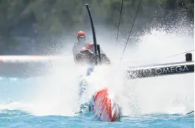  ?? Gregory Bull / Associated Press ?? Helmsman Peter Burling (top) has Emirates Team New Zealand up 3-0.