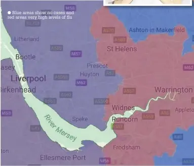  ?? ?? Blue areas show no cases and red areas very high levels of flu