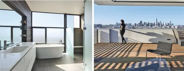  ??  ?? Im Badezimmer können die Bewohner ein Schaumbad mit Weitsicht genießen. Mehrere Terrassen bieten eine gute Aussicht auf die Skyline.