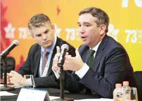  ??  ?? Michael Gill, executive director of the Air Transport Action Group, addresses a meeting of the Internatio­nal Air Transport Associatio­n (IATA) in Cancun, Mexico . (Reuters)