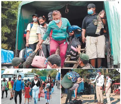  ?? FOTOS: AFP ?? (1) Los migrantes fueron subidos a camiones militares para ser retornados a Honduras. (2) Adultos y niños que pretendían llegar a los Estados Unidos regresaron. (3) Un migrante retorna con sus maletas.