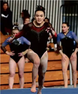  ?? KEN MCGAGH FOR THE GLOBE ?? Masconomet’s Bella Misiura won her second career individual title at the state coaches gymnastics meet.