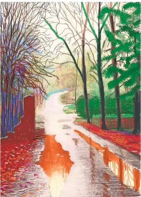  ?? FOTO: DAVID HOCKNEY/ RICHARD SCHMIDT ?? Vielfach hat David Hockney in seinen Werken wie „The Arrival of Spring in Woldgate“den Verlauf der Jahreszeit­en nachverfol­gt.