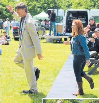  ?? Photos / Judith Lacy ?? Left: United States Deputy Chief of Mission to New Zealand David Gehrenbeck and city councillor Rachel Bowen have a go at line dancing at Missoula Day.
Below: Palmerston North Mayor Grant Smith (far right) enjoys videoing Palmerston North MP Tangi Utikere (centre) and city councillor Orphee Mickalad. Also having a go at line dancing is Laura Gehrenbeck from the United States.