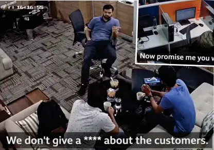  ??  ?? Callous: Footage shows Amit Chauhan discussing swindle with staff at Delhi scam call centre he ran