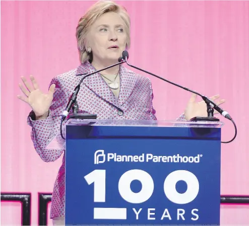  ?? ANDREW TOTH / GETTY IMAGES ?? Hillary Clinton speaks at the Planned Parenthood 100th Anniversar­y Gala on Tuesday in New York City.