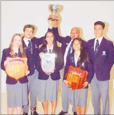 ?? Photo / Dean Taylor ?? Celebratin­g a first three-way tie for Inter-House supremacy are, from left: Selwyn leaders Rosie Numan and Paul James-Lyon, Melrose leaders Lilli Daniel and Tyreece O’Neill and Cameron leaders Arnica Marshall and Phoenix Phillips.