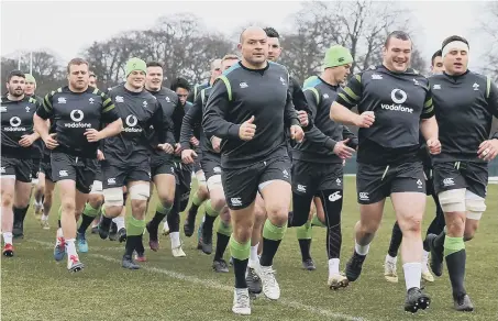  ??  ?? Ireland captain Rory Best leads his squad in a run yesterday, ahead of tomorrow’s crucial 6 Nations clash with Scotland.