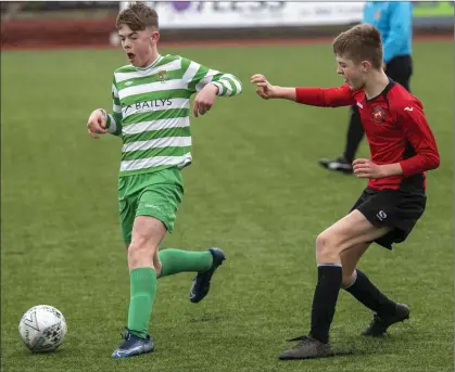  ??  ?? Ronan O’Halloran, Tralee Dyanmos and Oishin Healy, Listowel FC in action during the Under 14 Premier game played at Mounthawk soccer grounds Tralee Photoby Domnick Walsh / Eye Focus