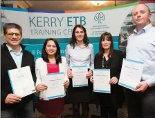  ?? Dzmitry Arekhva, Rowena Arino, Anna Whelehan, Catherine O’Sullivan and Micheal Devane at the Kerry ETB awards night. ??