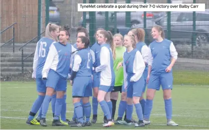  ??  ?? TyneMet celebrate a goal during their 7-0 victory over Balby Carr