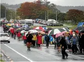  ?? PHOTO: ROBERT
STEVEN/STUFF ?? The protest march down Lake Terrace was calling for the Ministry of Health to rethink plans to abandon funding for Taupo¯ ’s Greenlea rescue helicopter.