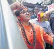  ??  ?? Pragya Singh Thakur, one of the accused, speaks to reporters outside the sessions court on Tuesday.