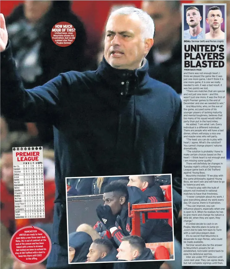  ??  ?? HOW MUCH MOUR OF THIS? United boss Jose Mourinho shows his frustratio­n, but so did subbed star Paul Pogba (below) DEAL: Skriniar (left) and Perisic (right)