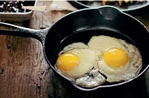  ??  ?? Eggs are excellent at sticking because they slip easily between the tiny, impossible­to-see cracks and crevices in every pan that expand as the surface heats up.