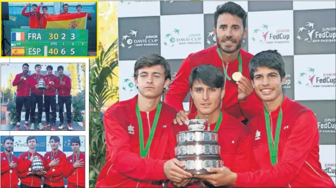  ??  ?? CAMPEONES. De izquierda a derecha, en la foto grande, Mario González, Pablo Llamas y Carlos Alcaraz. Sobre ellos, el capitán, David Ayuela. Lo cuatro subieron al podio.
