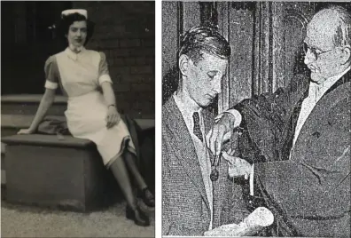  ??  ?? ABOVE LEFT: Anastasia Thompstone (nee O’Donoghue), who would go on to work as a nurse after her near-death experience at Cahore. ABOVE RIGHT: John Eldred receiving his medal for bravery in 1953. BELOW: Anastasia with the Bob O’Keeffee and Liam MacCarthy Cups in 1956.
