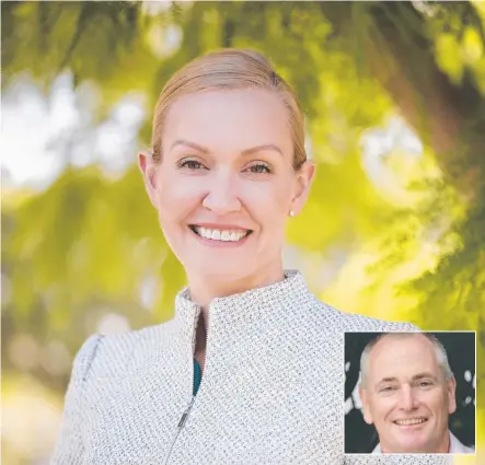  ??  ?? New Destinatio­n Gold Coast CEO Annaliese Battista and (inset) Dean Gould, who is leaving DGC for Southern Cross University.