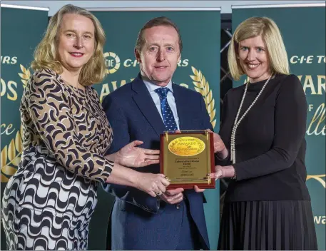  ?? Photo by John Ohle ?? CIE Chairperso­n Fiona Ross presents the CIE Tours Award for Best Overall Hotel Service and Hospitalit­y to Cahernane House Hotel.