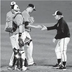  ?? PATRICK SEMANSKY/ASSOCIATED PRESS ?? Manager Buck Showalter relieves Chris Tillman in the sixth. The starter pitched well but without offensive support as the Orioles fell three games behind Boston in the AL East.